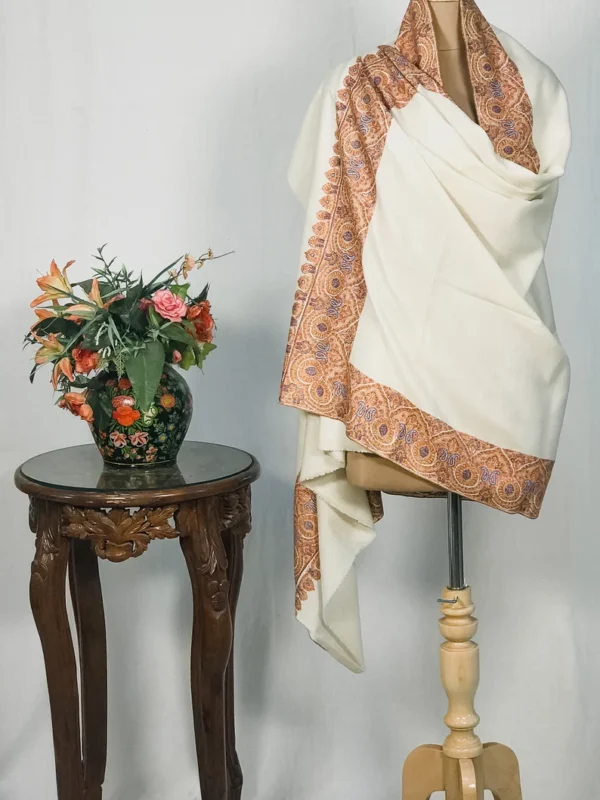 Off-White Pure Pashmina Shawl With Sozni hand Embroidery