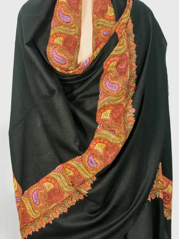 Black Pure Pashmina Shawl With Sozni hand Embroidery front