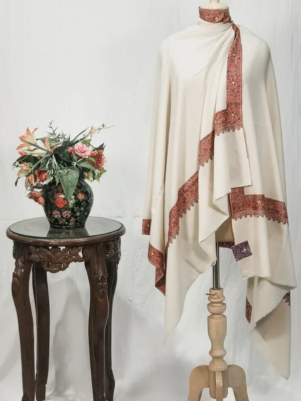 White Pure Pashmina Shawl With Sozni hand Embroidery