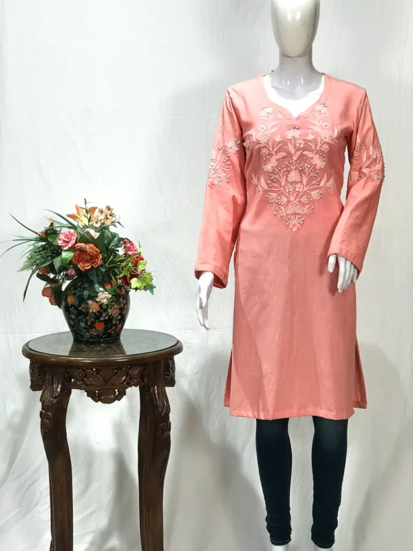 Peach Cotton Kurti with Kashmiri Aari and Kardana Work