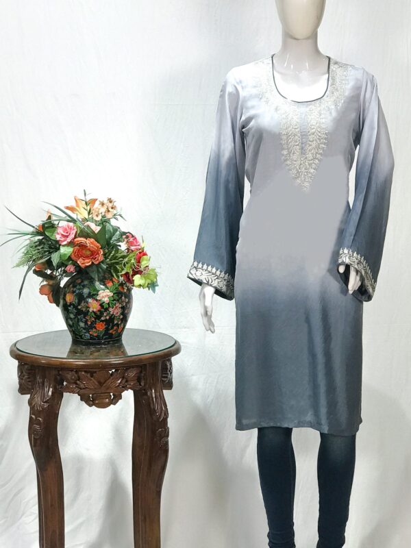 Grey and Light Grey Ombre Crepe Kurti with Tilla Machine Embroidery