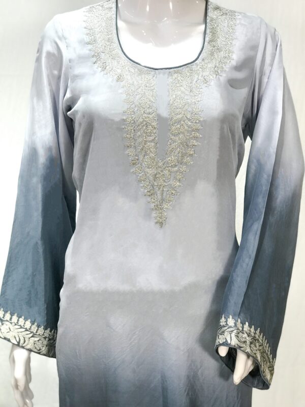 Grey and Light Grey Ombre Crepe Kurti with Tilla Machine Embroidery front