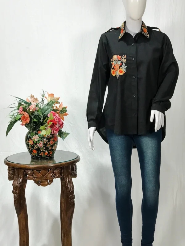 Black Cotton Shirt with Aari Embroidered Pocket, Collar and Shoulder Straps