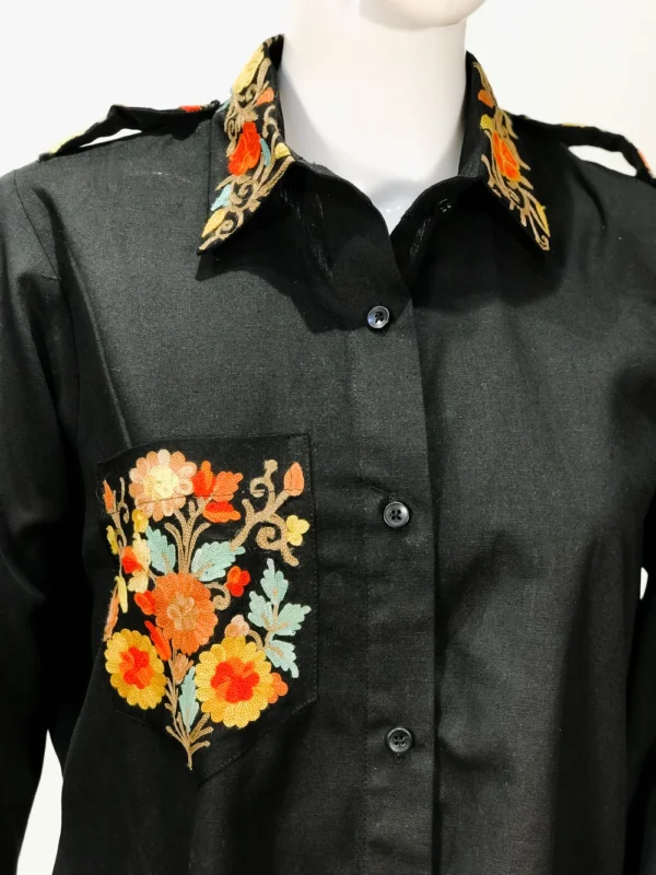 Black Cotton Shirt with Aari Embroidered Pocket, Collar and Shoulder Straps Front