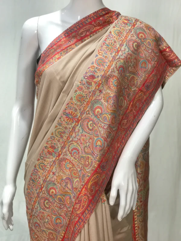 Nude Beige Modal Silk Kani Saree with Floral an Paisley Pallu Design Front