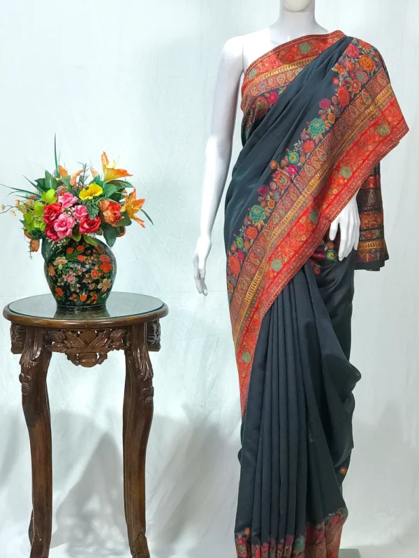 Charcoal Grey Modal Silk Kani Saree with Floral Pallu Design