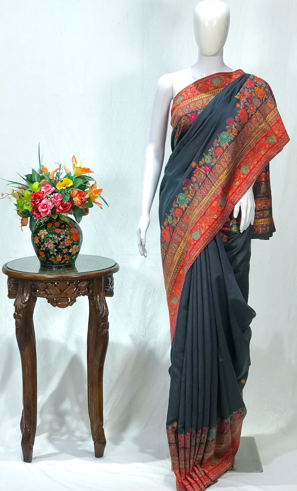 Charcoal Grey Modal Silk Kani Saree with Floral Pallu Design