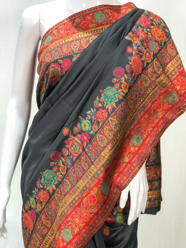 Charcoal Grey Modal Silk Kani Saree with Floral Pallu Design front