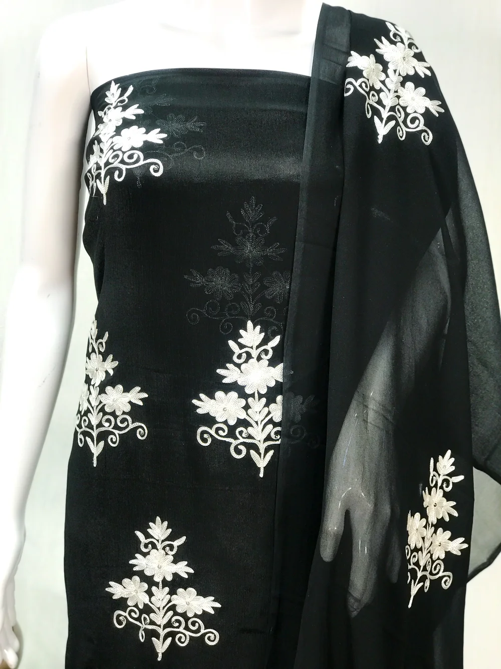 Black with White Kashmiri Aari Embroidered Salwar Suit front