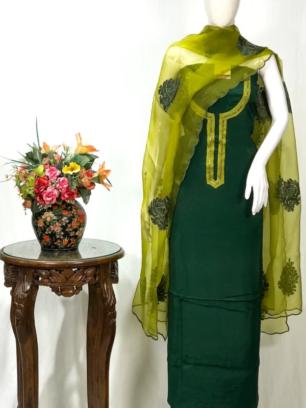 Bottle Green Salwar Suit with Aari Work, Kardana Highlighting and Organza Dupatta
