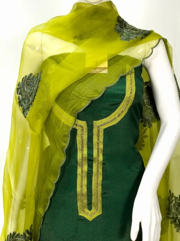 Bottle Green Salwar Suit with Aari Work, Kardana Highlighting and Organza Dupatta front