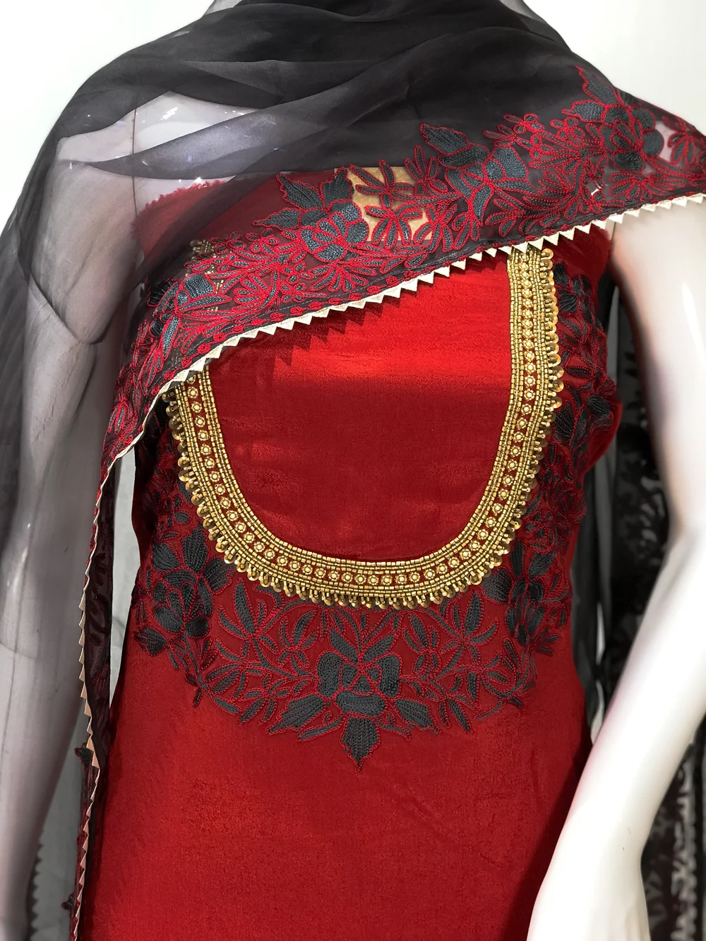 Red Salwar Suit with Kashmiri Aari Embroidery and Kardana on Neckline front