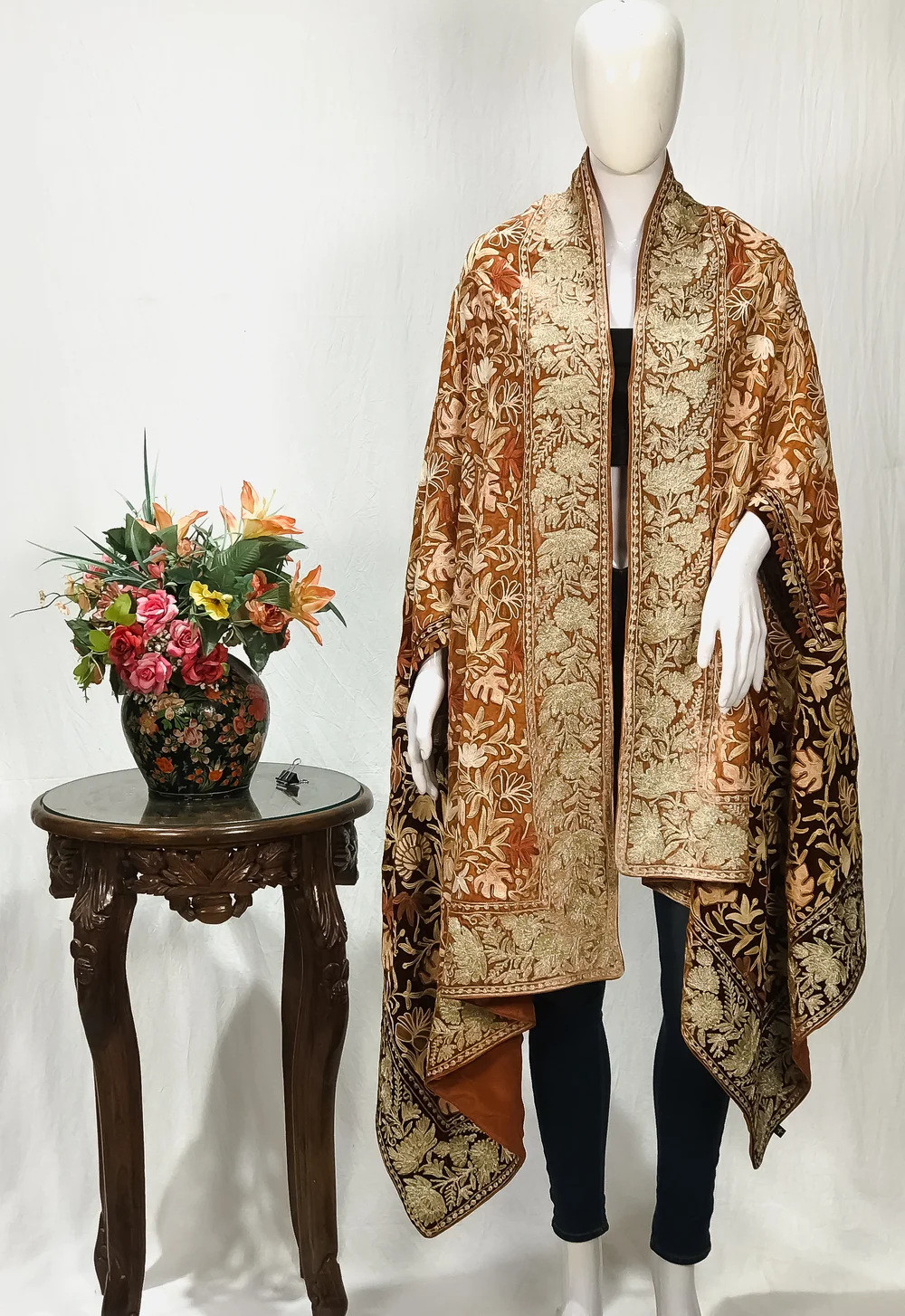 Gloss Velvet Ombre Cape with Aari and Tilla Work: Light Brown and Brown