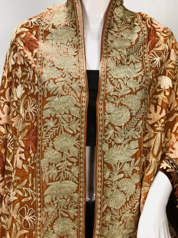 Gloss Velvet Ombre Cape with Aari and Tilla Work: Light Brown and Brown front