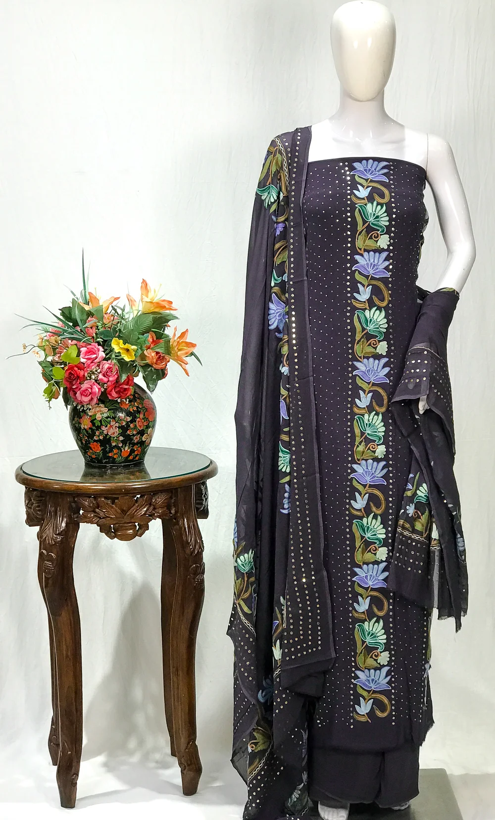 Dove Grey Salwar Suit with Kashmiri Aari Embroidery and Mukesh Work