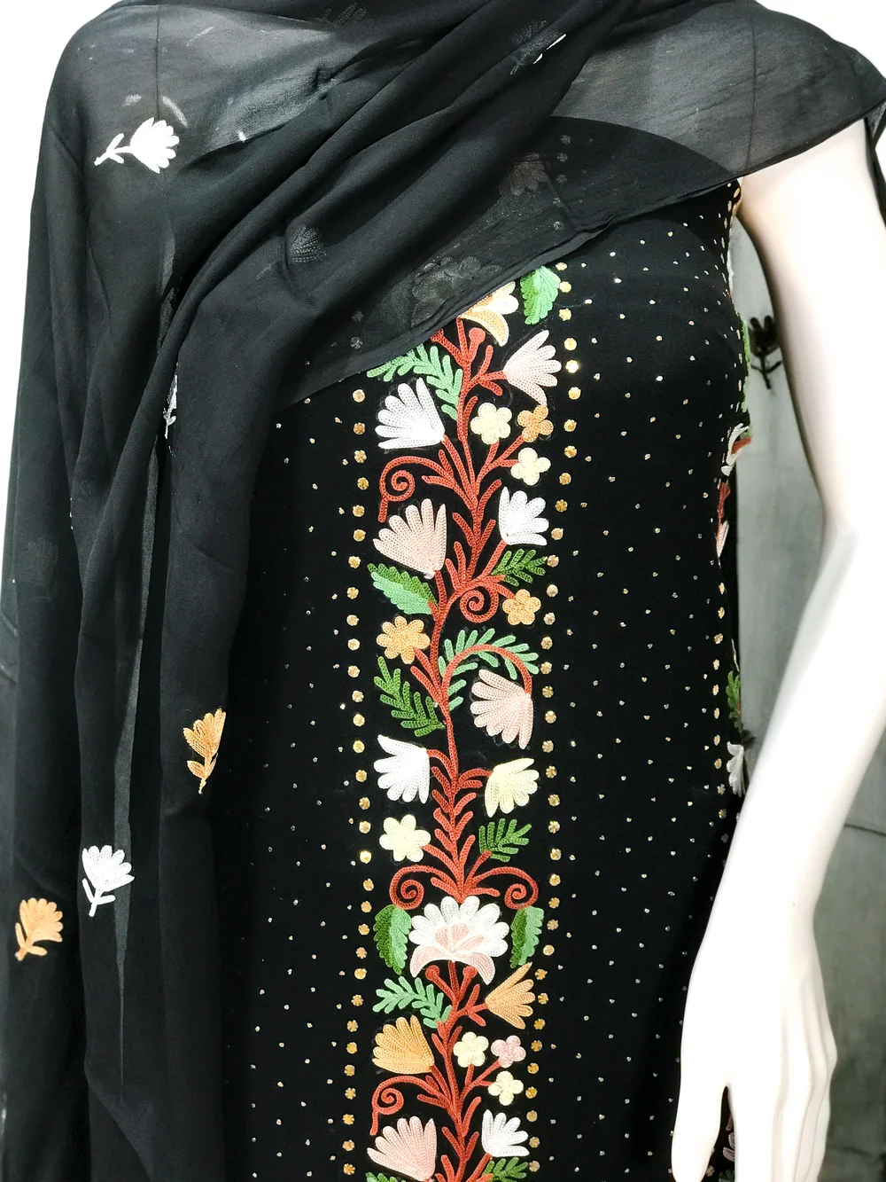 Black Salwar Suit with Kashmiri Aari Embroidery and Mukesh Work front