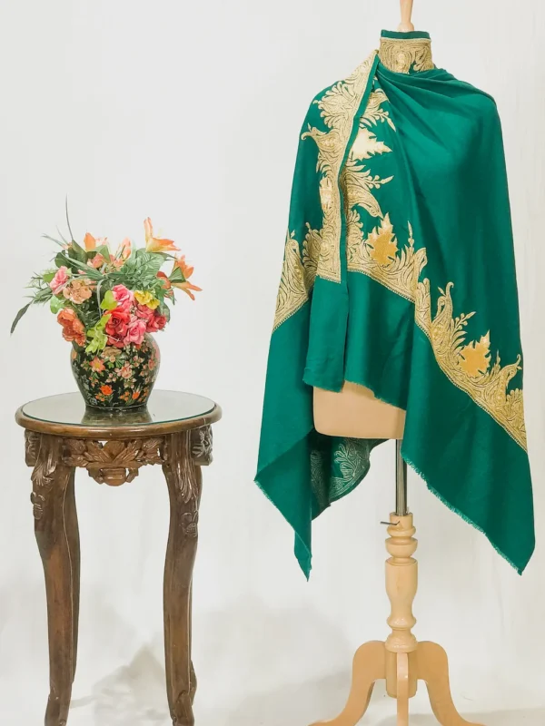 Bottle Green Pure Pashmina Shawl With Tilla Hand Embroidery