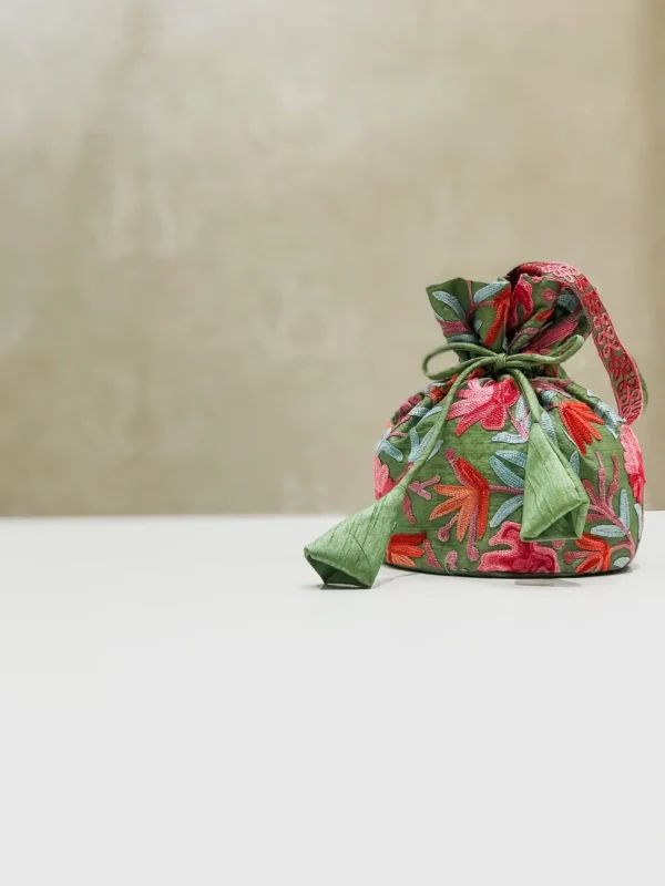 Art Raw Silk Aari Jaal Embroidered Sage Green Potli Bag