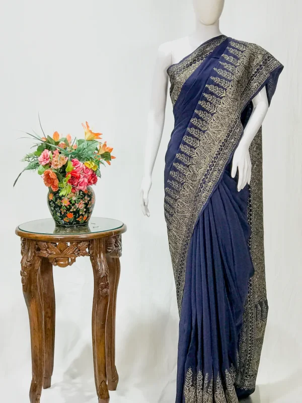 Indigo Blue Kashmiri Saree with Zari Thread Embroidery