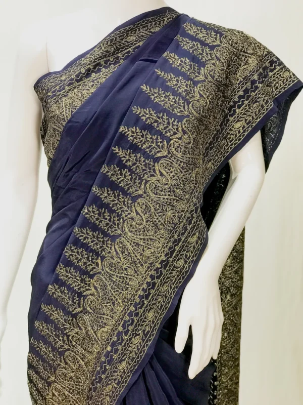Indigo Blue Kashmiri Saree with Zari Thread Embroidery front