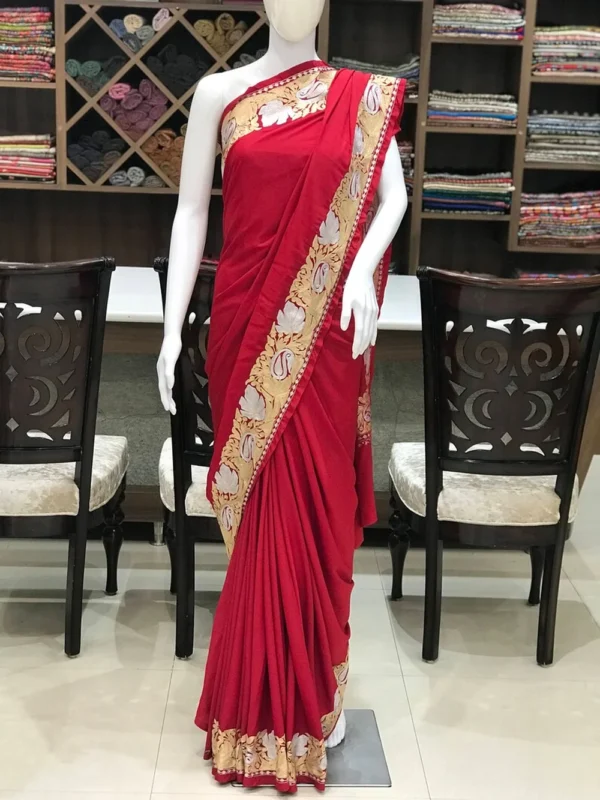 Red Semi-Crepe Zari Embroidered Kashmiri Saree
