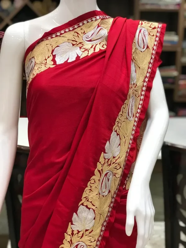 Red Semi-Crepe Zari Embroidered Kashmiri Saree front
