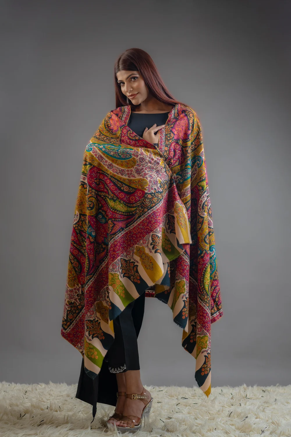 Multi-Colour Pure Pashmina Shawl With Sozni Kalamkari Hand Embroidery