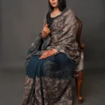 Peacock Blue Organza Sari with Kashmiri Aari Embroidery