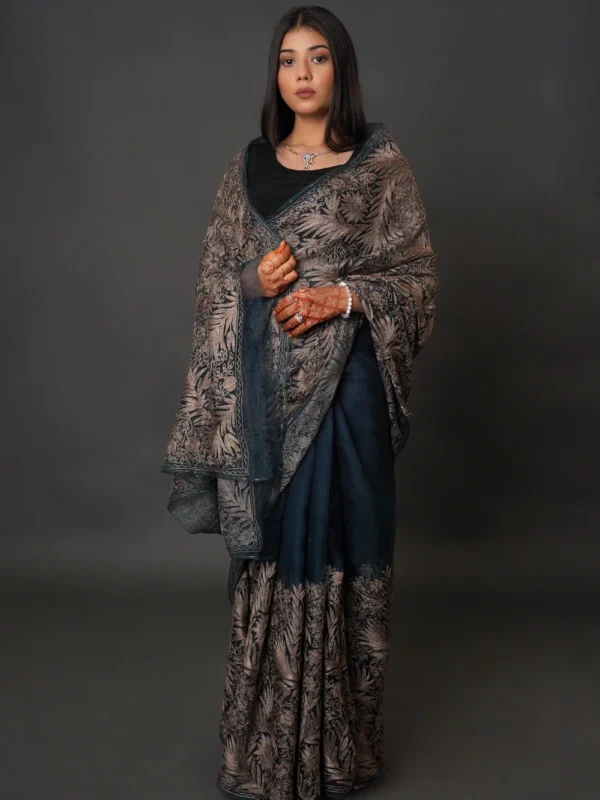 Peacock Blue Organza Sari with Kashmiri Aari Embroidery
