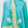 Turquoise Ferozi Pure Pashmina Shawl With Tilla Hand Embroidery front