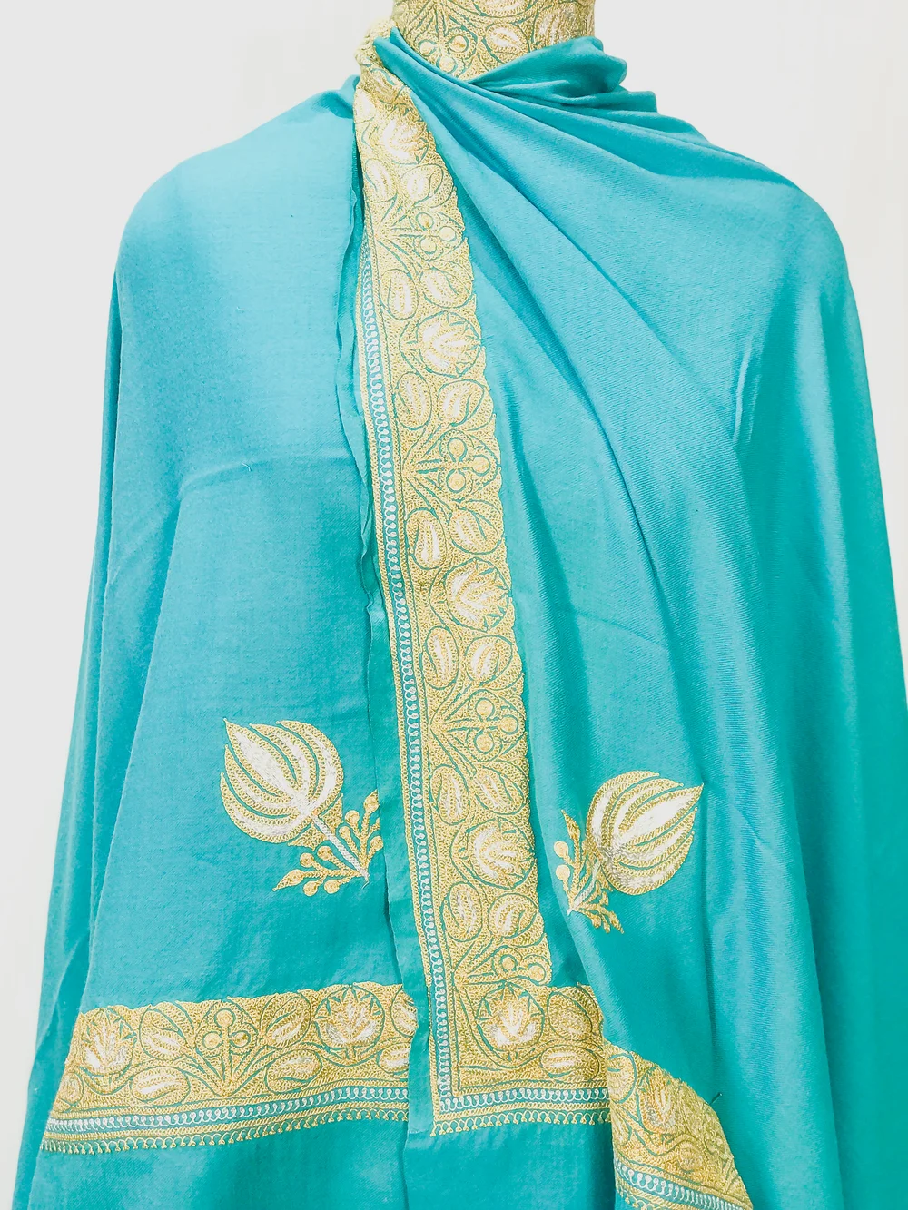 Turquoise Ferozi Pure Pashmina Shawl With Tilla Hand Embroidery front