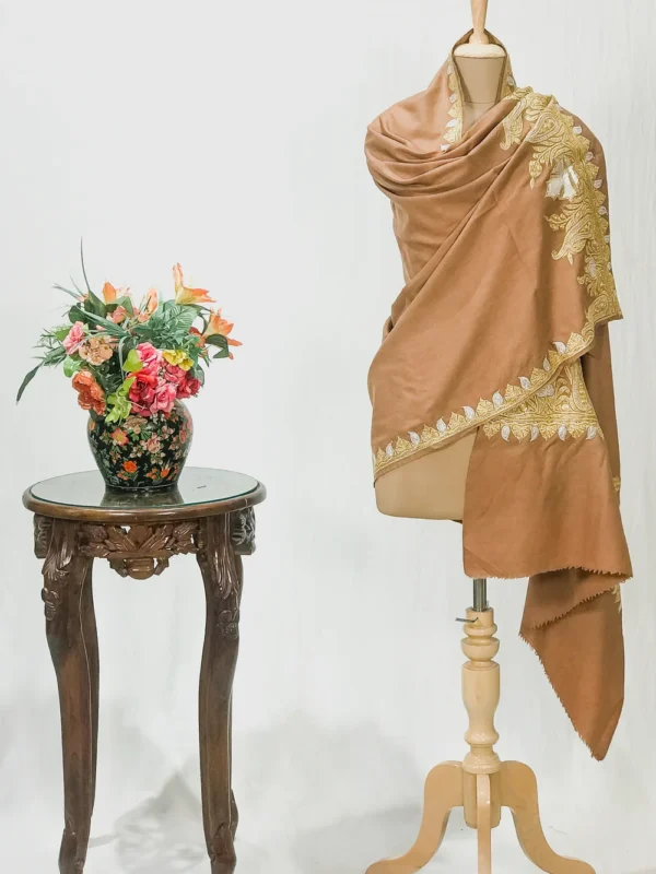 Caramel Brown Pure Pashmina Shawl With Tilla Hand Embroidery