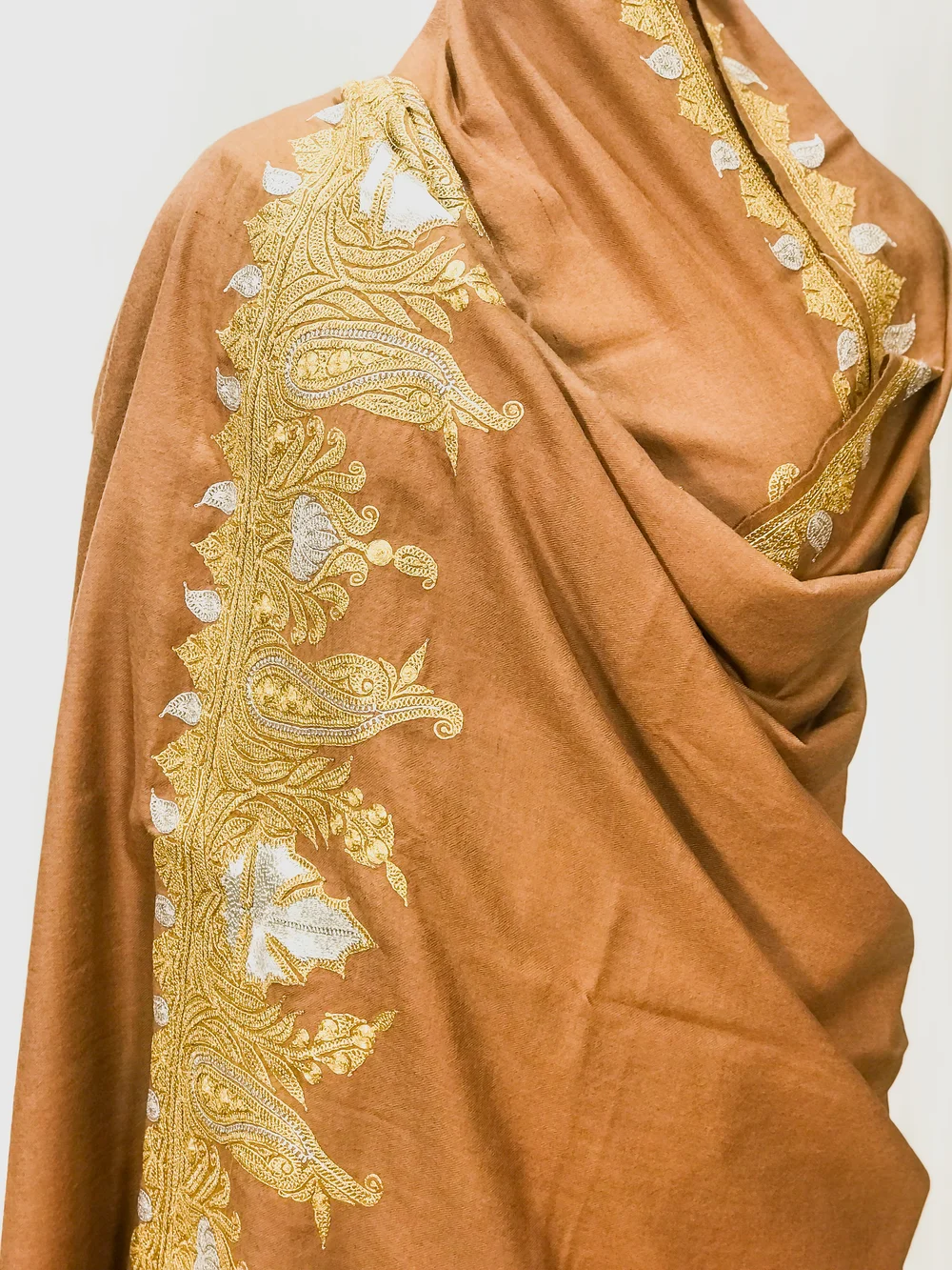 Caramel Brown Pure Pashmina Shawl With Tilla Hand Embroidery front