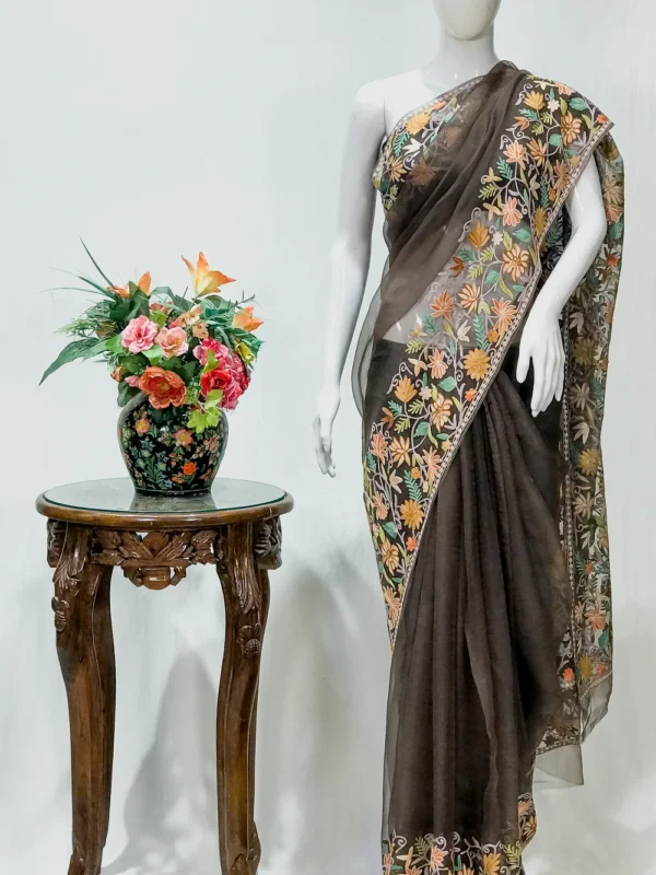Brown Organza Sari with Kashmiri Aari Embroidery