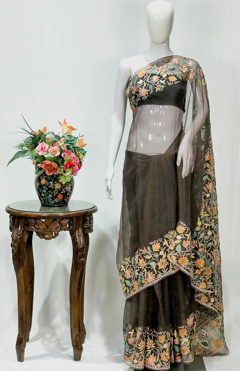 Brown Organza Sari with Kashmiri Aari Embroidery front
