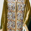 Gloss Velvet Ombre Cape with Aari Work: Black and Olive Green front