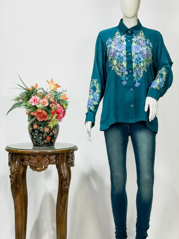 Peacock Green Crepe Shirt with Aari Embroidery