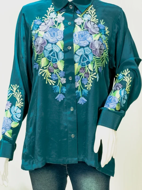Peacock Green Crepe Shirt with Aari Embroidery front