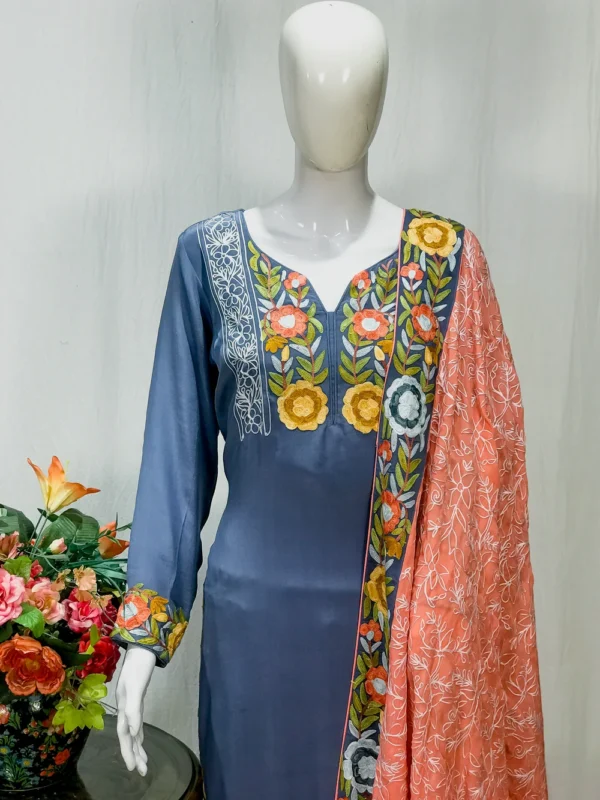 Grey Pure Crepe Salwar Suit with Kashmiri Aari Embroidery front
