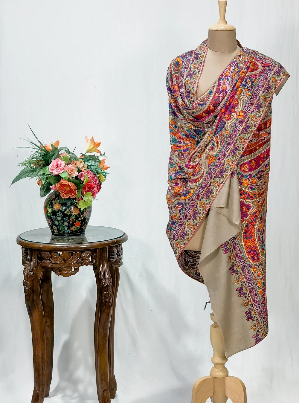 Natural Pure Pashmina Shawl With Tilla and Papier Mache Jamawar Hand Embroidery