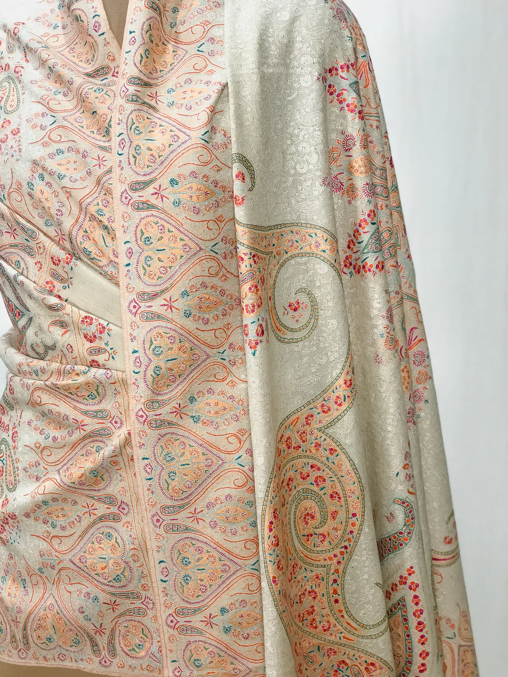 Cream Pure Pashmina Shawl With Sozni Hand Embroidery front