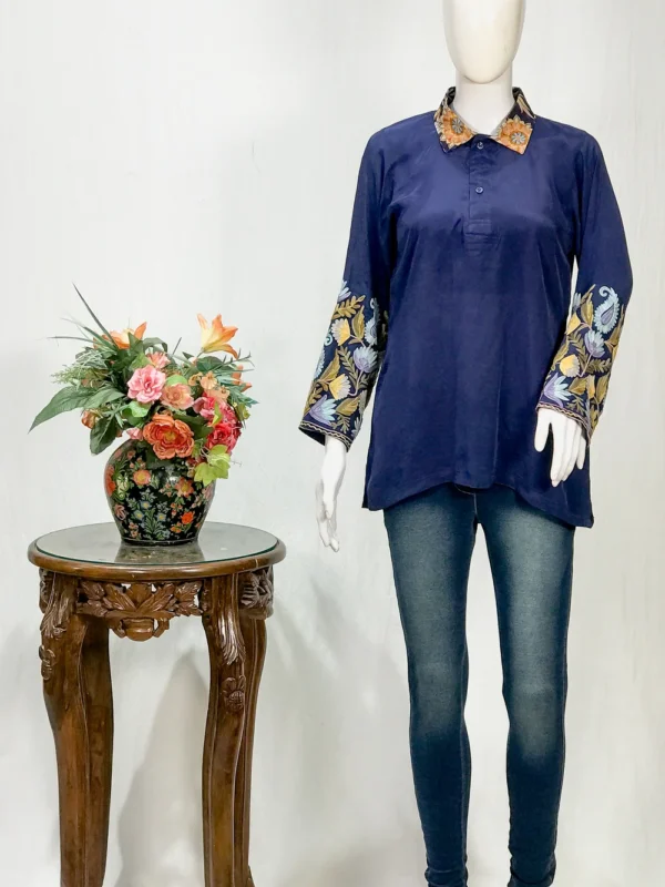 Crepe Shirt with Aari Embroidery and Printed Collar
