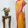 Yellow with Pink Floral Border Modal Silk Kani Saree