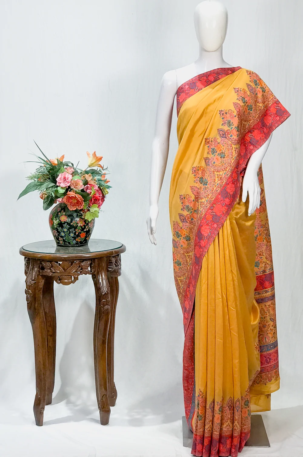 Yellow with Pink Floral Border Modal Silk Kani Saree