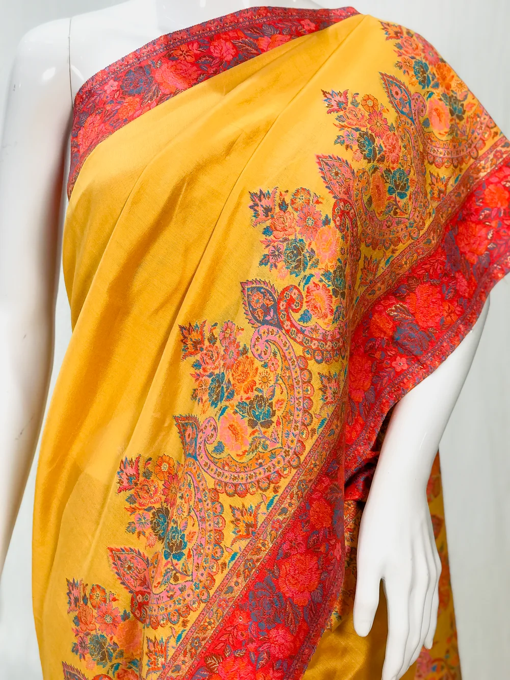Yellow with Pink Floral Border Modal Silk Kani Saree front
