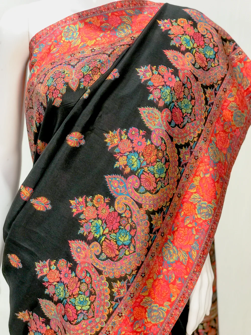 Black Floral Modal Silk Kani Saree front