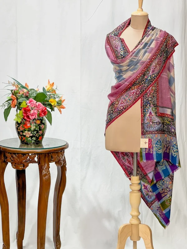 Multi-Colour Kalamkari Border on Ikat Pure Pashmina Shawl