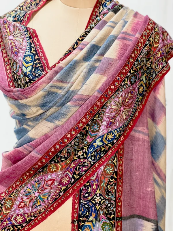 Multi-Colour Kalamkari Border on Ikat Pure Pashmina Shawl Front