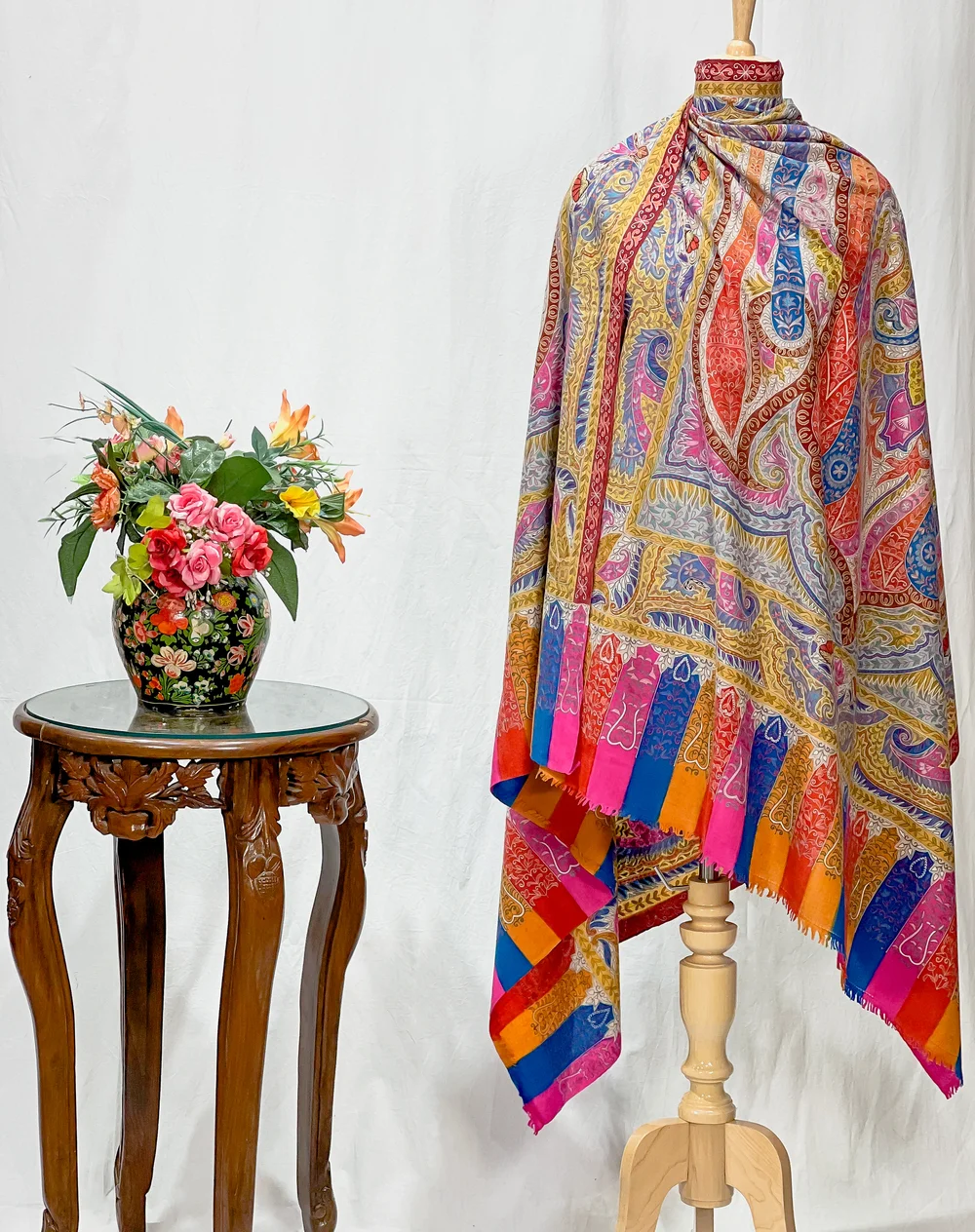 Multi-Colour Pure Pashmina Shawl with Kalamkari Hand Embroidery