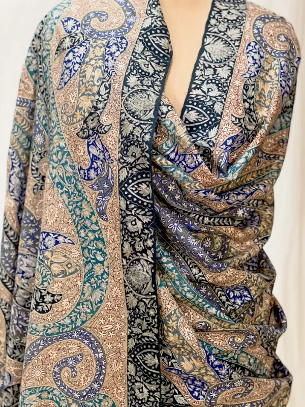 Beige Pure Pashmina Shawl with Multi-Colour Kalamkari Hand Embroidery front